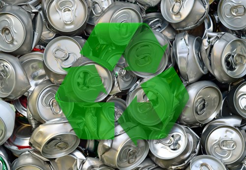 A close-up image of numerous aluminium beverage cans stacked together, predominantly silver in colour with some exhibiting traces of red, green, and beige, featuring pull tabs on top. The cans vary slightly in size and orientation, some lying flat and others tilted or stacked. The surface texture of the cans displays a smooth, metallic finish, with some showing slight dents or creases from use. In the centre of the image, a semi-transparent green recycling symbol overlays the cans, emphasizing the importance of waste segregation and recycling. This visual is set against a blurred background, suggesting an environment related to waste collection or disposal, possibly in a yard, warehouse, or collection point. The image subtly supports the context of rubbish removal services, such as those provided by Garden Clearance Downham, especially focusing on recycling waste materials like cans and promoting environmentally responsible disposal practices, relevant to local waste management in Downham or nearby areas.